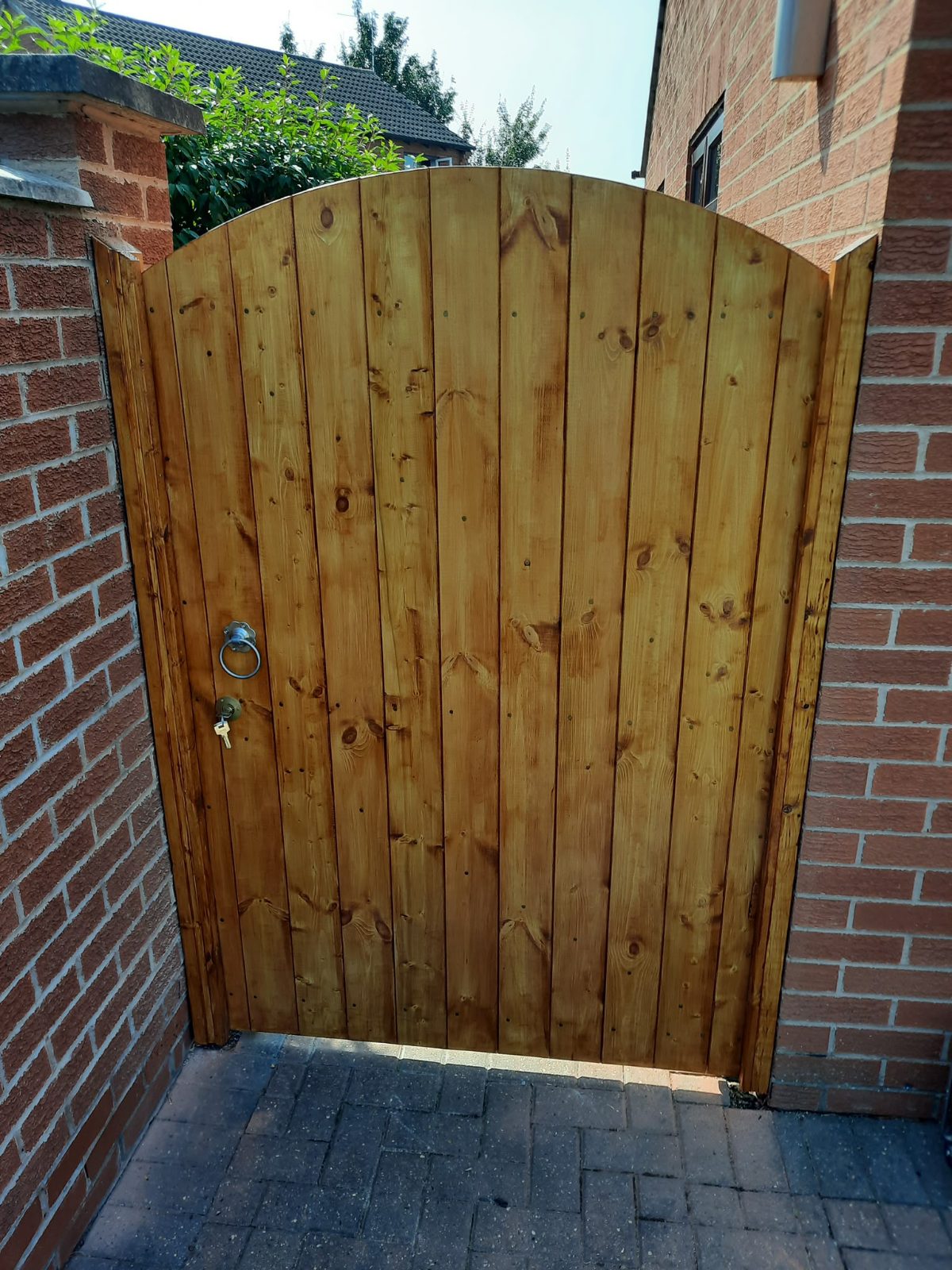 Arch-topped tongue and groove side gate in stained softwood with a ring latch