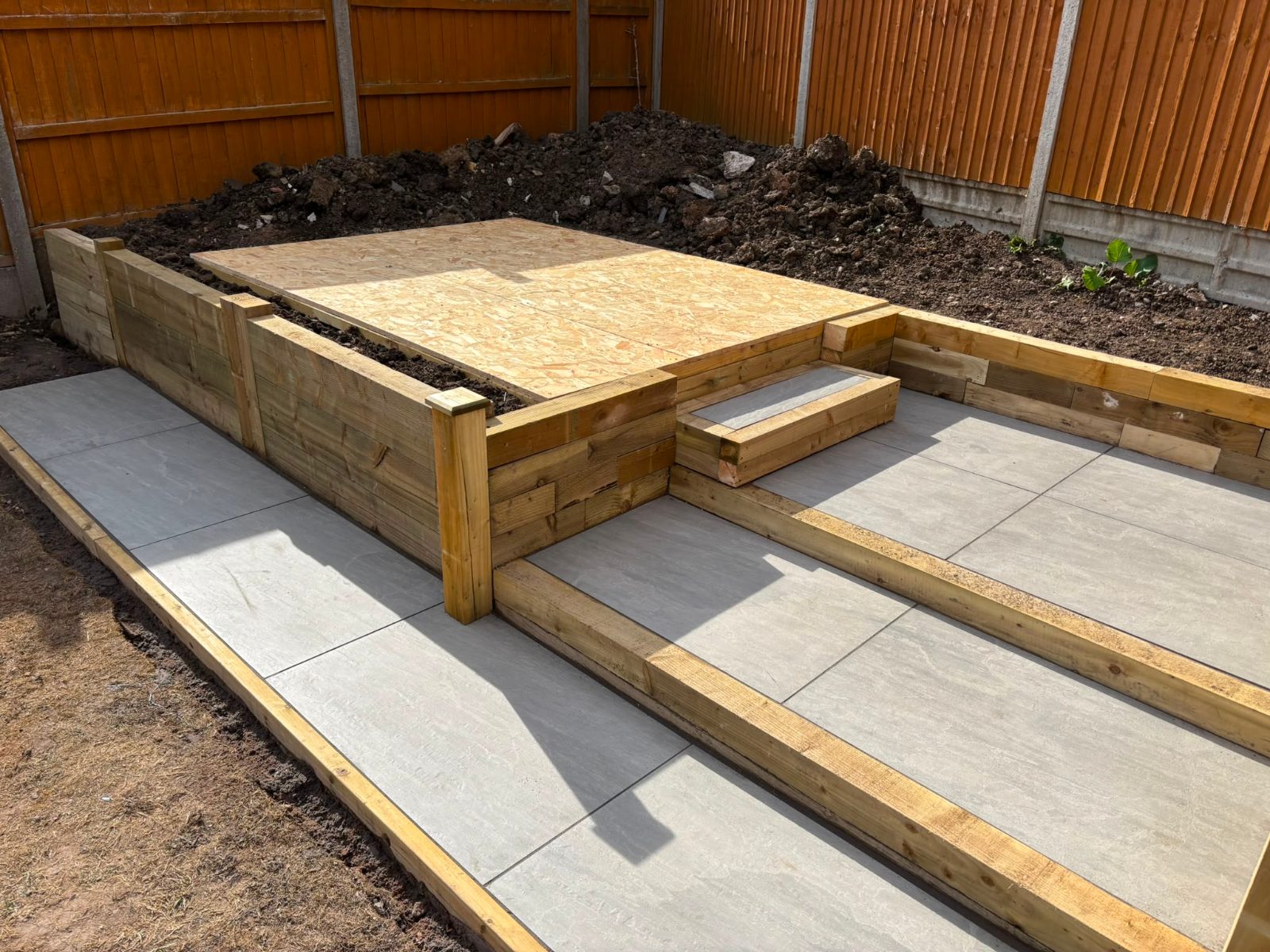 New sleeper-walled platform with porcelain paving and steps